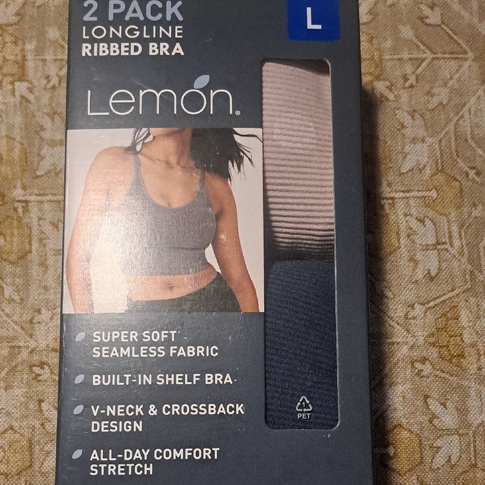 Lemon Longline Ribbed Bra 2-Pack - Blue and Creme Size Large. New In Box.